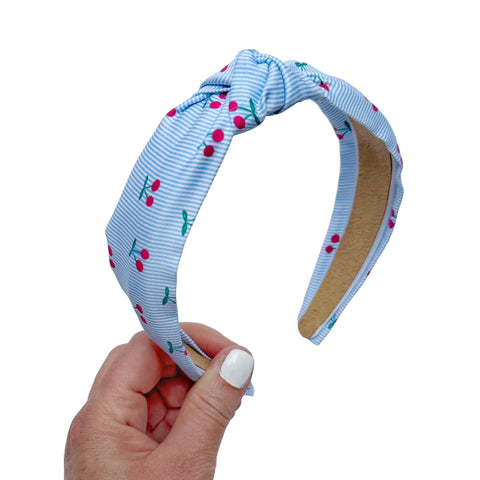 Blue Stripe Cherry Print Knot Headband