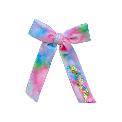 Tie Dye Velvet Sequin Longtail Bow