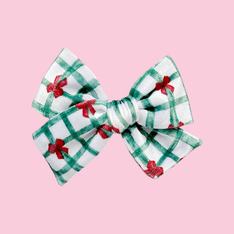 Green Grid Red Bow Velvet Bow