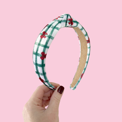 Green Grid Red Bow Knot Velvet Headband