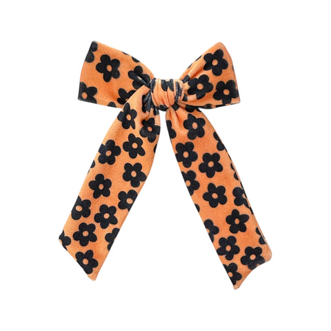 Orange and Black Daisy Velvet Longtail Bow