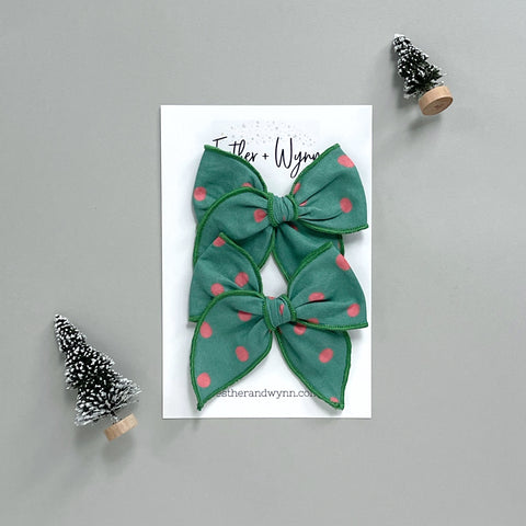 Green and Pink Dot Fable Pigtail Bow Set