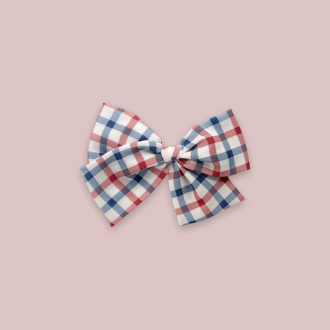Red and Blue Plaid Crepe Pinwheel Fabric Bow