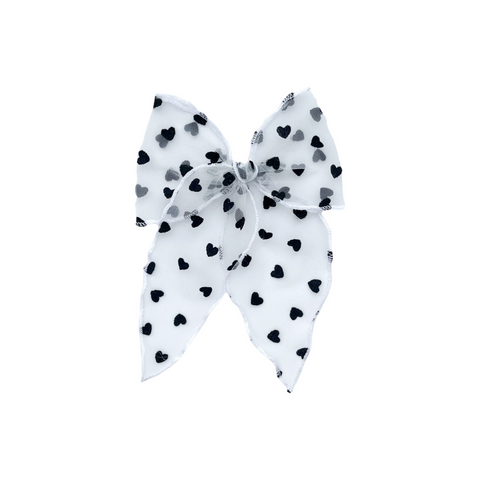 White and Black Heart Tulle Fable Bow